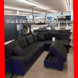 ✨ Black Sectional With Storage Ottoman 