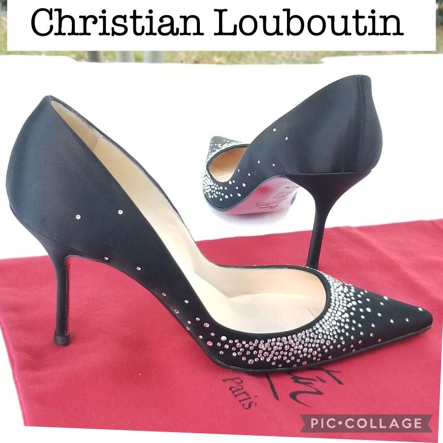 Christian Louboutin Follies black silk heels With Swarovski Crystals