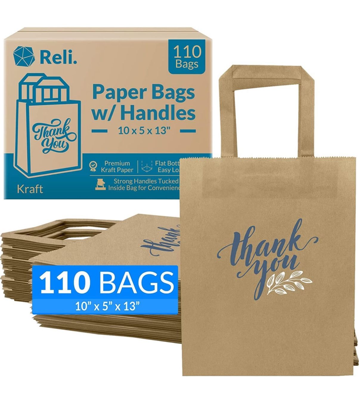 110 Pack | 10"x5"x13" | Paper Thank You Bags w/Handles