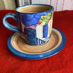 Hand Painted Blue Ceramic Greek Cup & Plate Imported From Greece