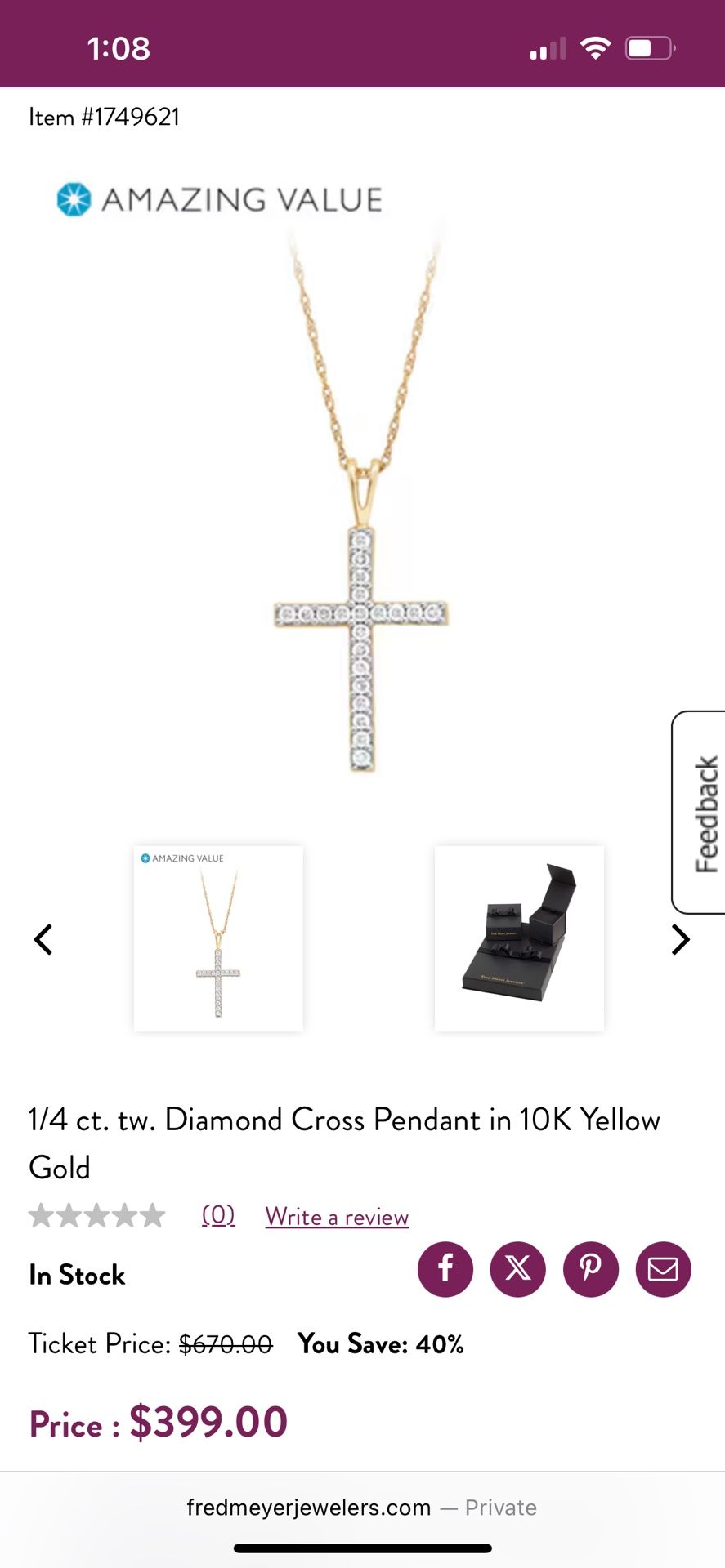 1/4 Ct Diamond Cross Pendant 10k Gold