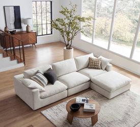 White Castlery Dawson Extended Sofa with Ottoman- Beqch Linen
