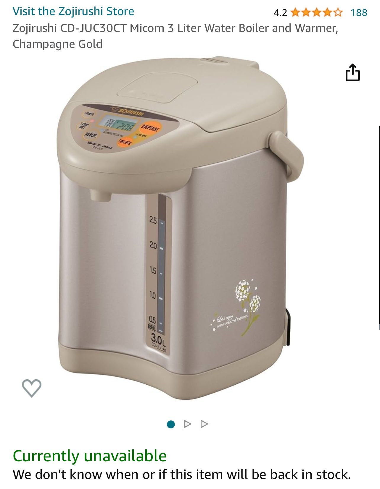Zojirushi CD-JUC30 Micom Water Boiler & Warmer, Champagne Gold 3 Liter - VGC