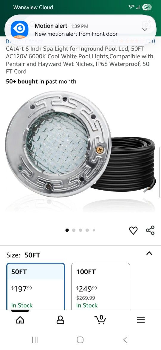 6 Inch Spa Light for Inground Pool Led, 50FT AC120V 6000K Cool White Pool Lights,Compatible with Pentair and Havward Wet Niches, IP68 Waterproof, 50 F