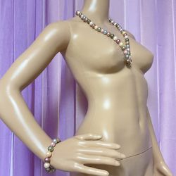 Multi Tone Faux Large Pearl Necklace And Bracelet Set Y2K