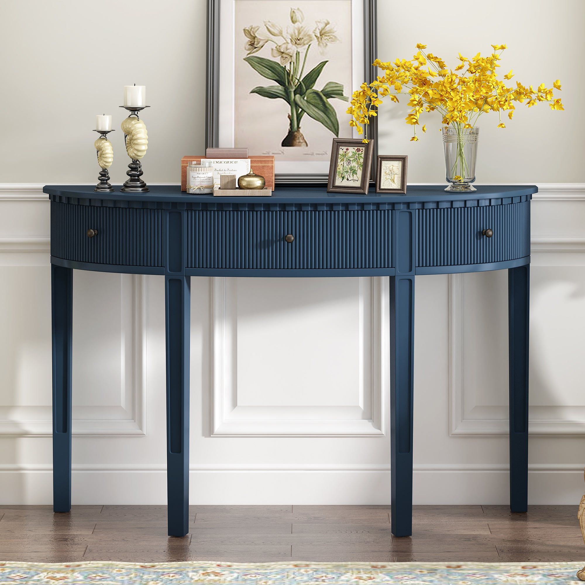Distinctive Features of Pine Veneer Console Table with Vertical Stripe Drawer Fronts and Four Legs