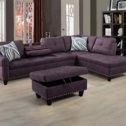 Purple Linen Sectional Couch And Ottoman