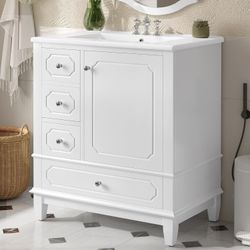 #A47-30" Vanity with Sink, Bathroom Vanities 30 Inch with Sink, Single Sink Bathroom Vanity, 30 Bath Vanity with Top, 3 Drawers and Door Shelves and S