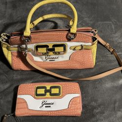 Yellow and pink Guess  bag and wallet