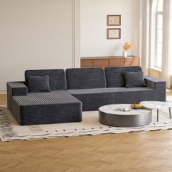 $560 LEFT HAND FACING Grey Compressed Chaise Modular Wide Square Armrests Comfortable and Convertible Sectional Sofa with 2 Throw Pillows Weights & Di