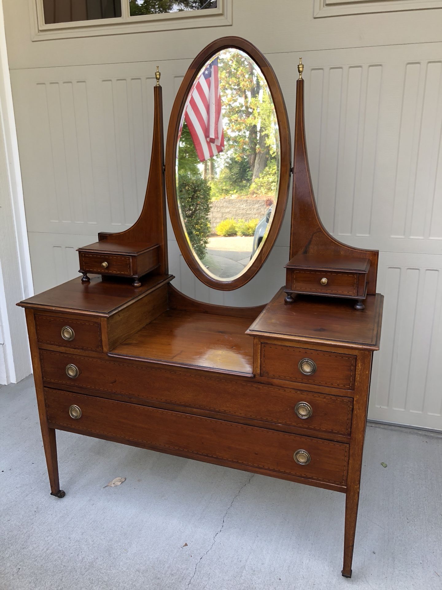 ANTIQUE English Edwardian Inlaid Mahogany Dresser with OVAL Mirror
