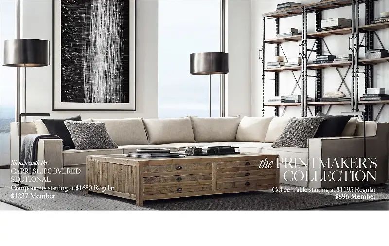 Restoration Hardware Printmaker’s Collection Antique Pinewood Coffee Table with Pullout Drawers