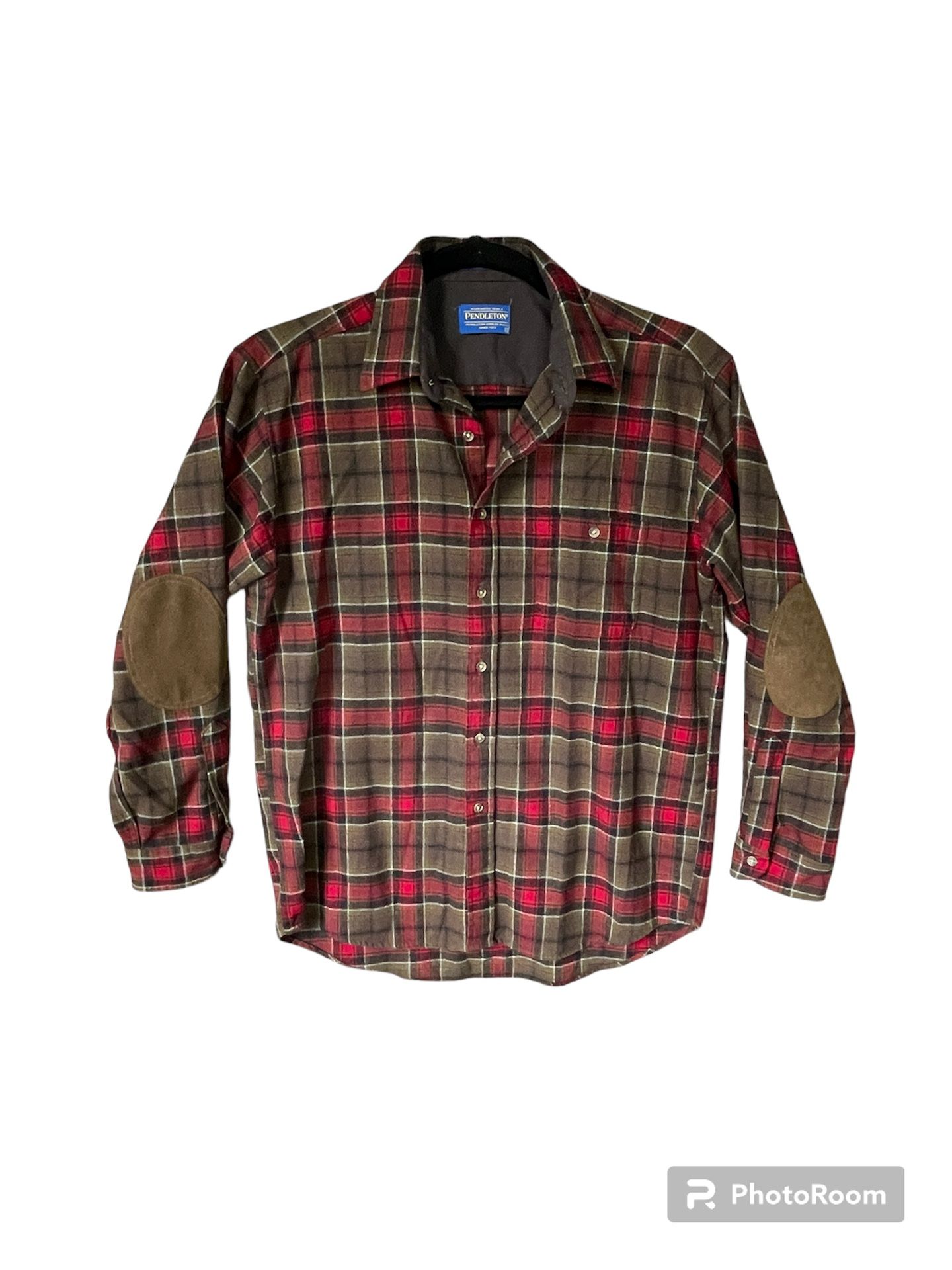 Pendleton Plaid Men’s Trail Shirt Sleeve Elbow Patches 100% Wool Button-up Large