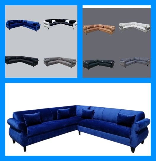 BRAND NEW 9x9ft SECTIONAL SOFA COUCH SET. VELVET  NAVY FABRIC 