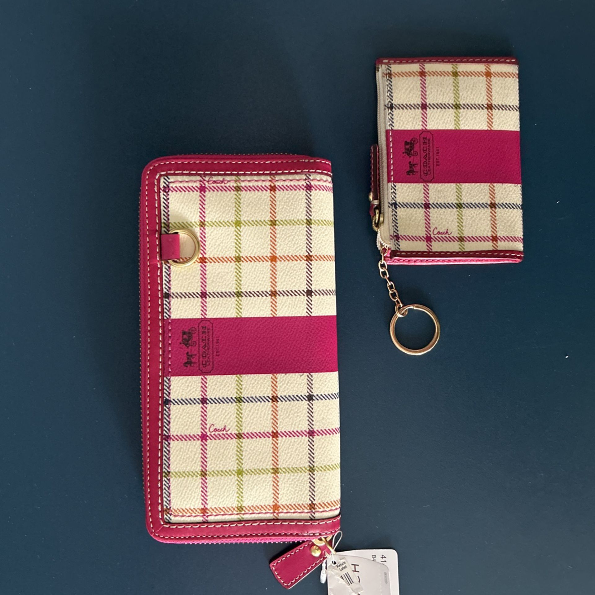 Coach Heritage Wallet Coin Change Purse & Tattersall Zip Accordion Pink Leather Wallet