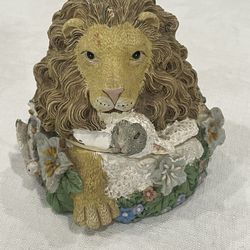 Hand-painted resin jewelry box featuring a lion and lamb motif.