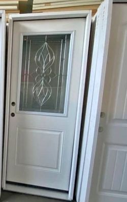 White Steel Entry Door with Decorative Glass