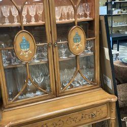 Antique Lighted Wood Cabinet W/ Hutch