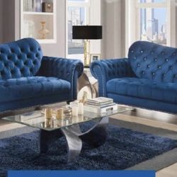 NEW BLUE TUFTED VELVET SOFA & LOVESEAT! MINAS HOME FURNITURE 