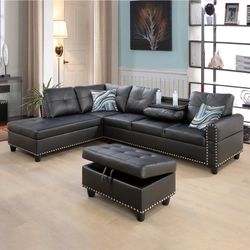 Black Leather Living Room Sectional Couch