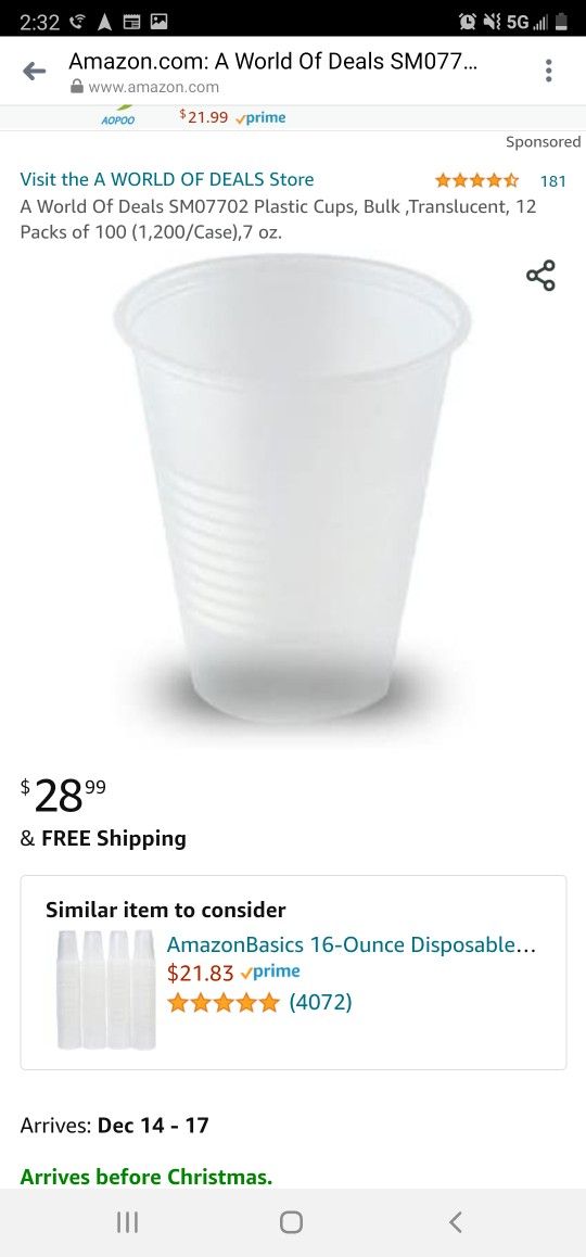 A World Of Deals SM07702 Plastic Cups, Bulk ,Translucent, 12 Packs of 100 (1,200/Case),7 oz.