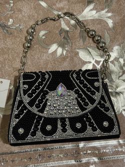 Black Beaded Rhinestone Evening Clutch Bag