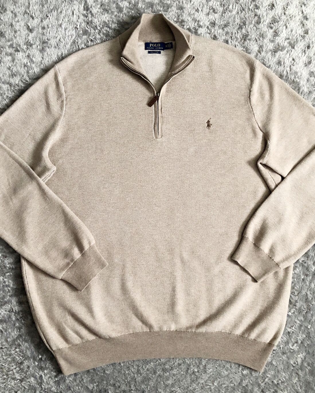 New! Men’s Polo RL Pima Cotten half-zip ret $125 size XXL. Ralph Lauren Polo half-zip Tan color with brown logo on chest. Brand new without tag. Very