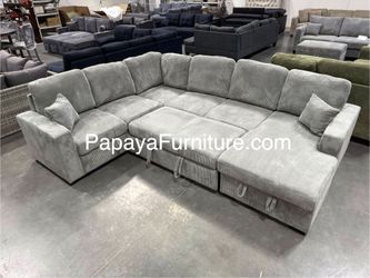 New! 120” Large Corduroy Sectional, Light Gray Grey Couch, Sectional With Pull-out Bed, Sofa And under seat Storage Chaise set Pullout Sleeper Bed BIG