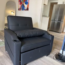 Black Faux Leather 3-in-1 Convertible Chair Sleeper with Cup Holders