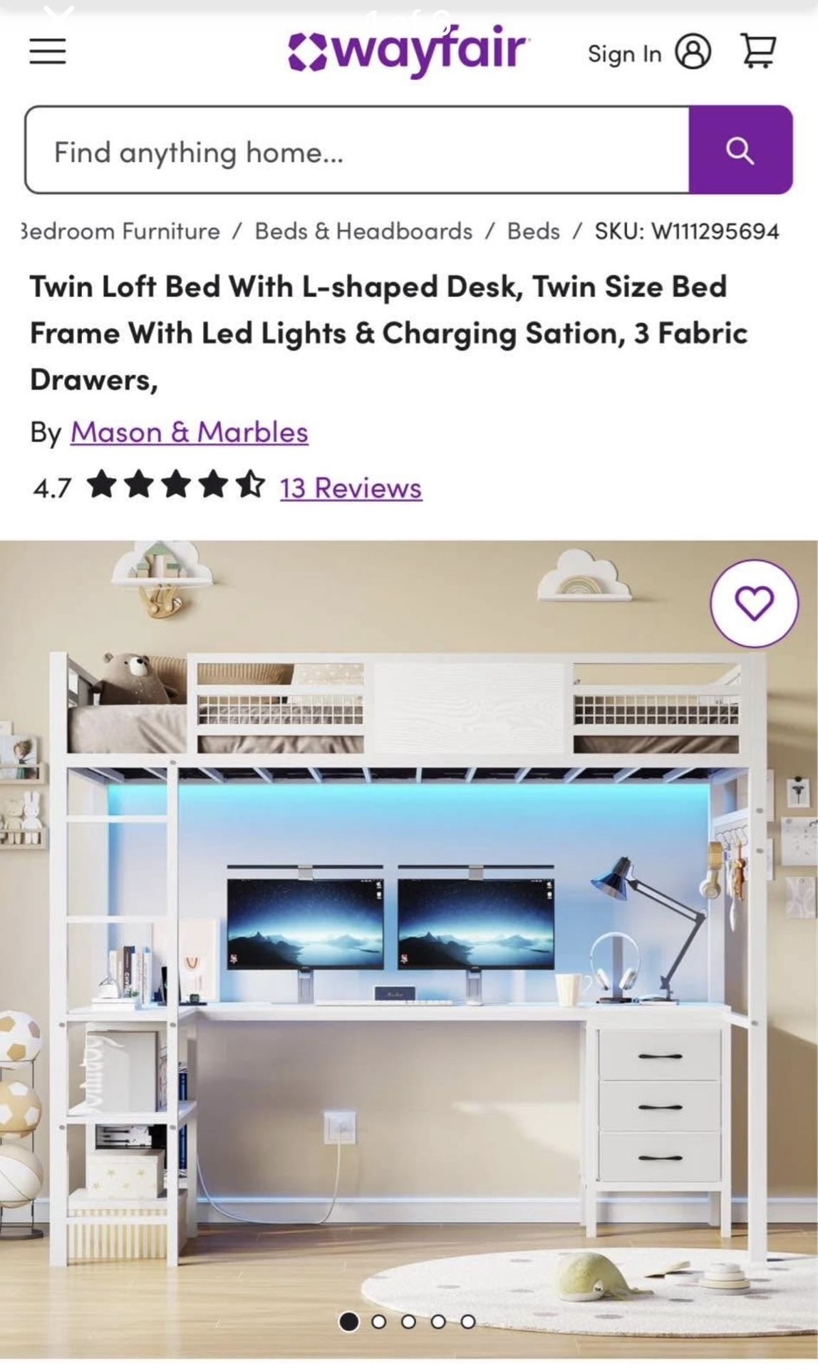 Twin Loft Bed With L-shaped Desk, Twin Size Bed Frame With Led Lights & Charging Sation, 3 Fabric Dr