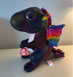 RARE TY beanie Boo Boos ANORA the Black Dragon Plush 9" Glitter Rainbow Sparkle