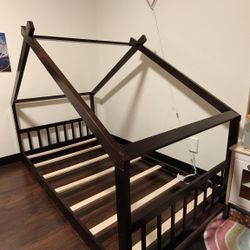 Twin Size Toddler House Shaped Bed Frame Dark Brown