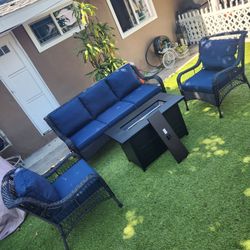 New Assembled Fire Pit Set  / High Back Patio Set  / Navy Blue Cushions.