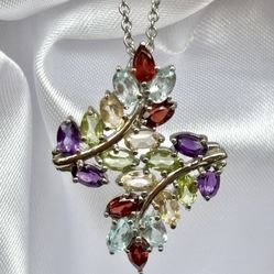 Gorgeous Brand New Multi Gemstone Bypass Leaf Pendant Necklace - 20"