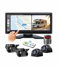 RV Backup Camera 4 Channel CarPlay Android Auto, 10.36" Touch Screen, Mirror Link DVR Recording, Truck Camper Trailer