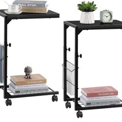 Shinoske Adjustable C Table - Side Tables Living Room Set of 2 with Wheels for Living Room and Bedroom,with Storage Mesh Basket,Slide Under Sofa Table