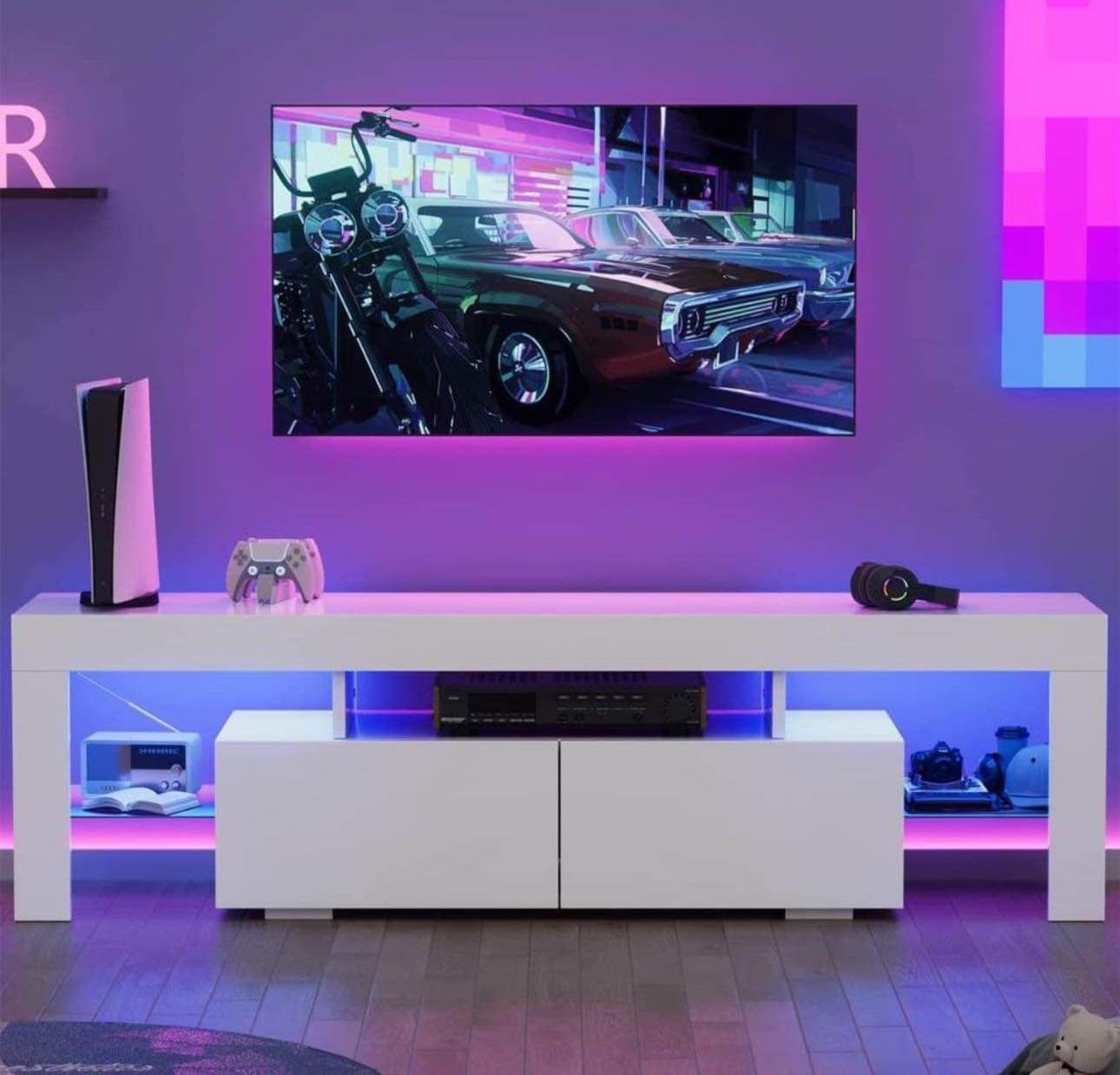 Modern LED TV Stand for Televisions up to 70 Inch with Glass Shelves and Drawer, Gaming Entertainmen
