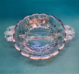 Beautiful silver City divided “ Relish dish” with silver overlay and scrollwork glass handles