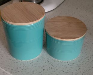 Teal Kitchen Canisters with Bamboo Lids Set of 2