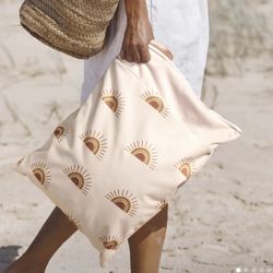 XL Cream and Brown Water resistant Tote Bag with Sun Pattern