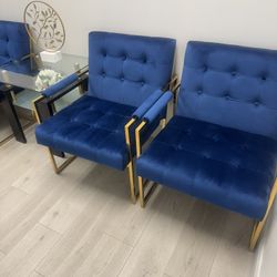 Blue Velvet Chairs With Goat Trimming