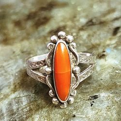 Sterling Silver Southwestern Vintage Coral Ring Size 7 1/2