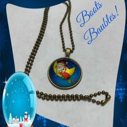 Santa On The Moon glass cabochon necklace