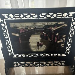 Chinese Suzhou double sided silk embroidery art table screen River Bridge Sampan