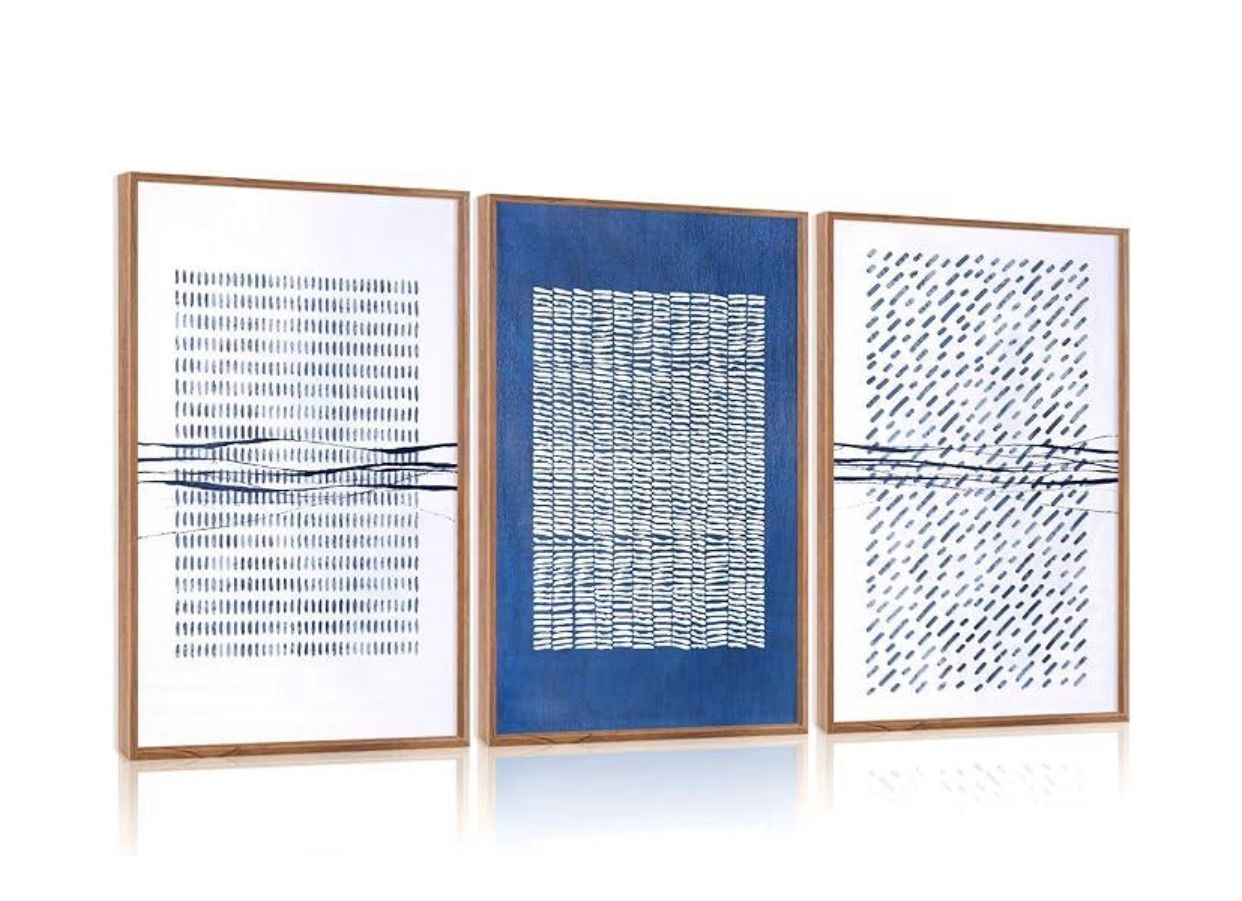 Aurlan Blue and White Abstract Dots Shapes Framed Wall Art(16"x24"), 3 PCS Minimalist Grunge 3D Textured Canvas