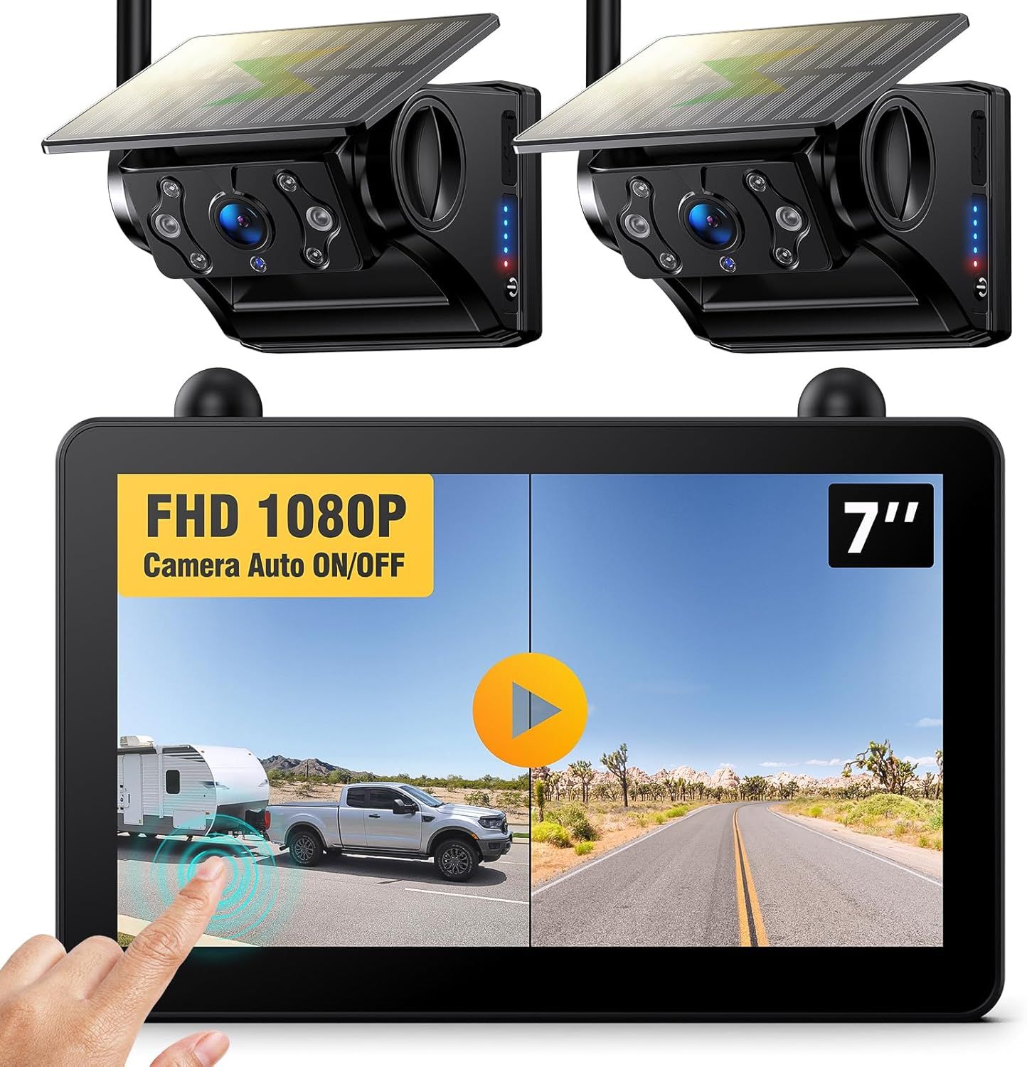 Magnetic Solar Wireless RV Backup Camera, 1080P 7" Touchscreen IPS Monitor & 2 Auto On Off Rear View Cameras, 1 Min Setup Night Vision Recording Guide