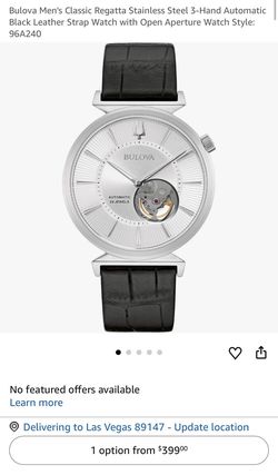 Bulova Men's Classic Regatta Stainless Steel 3-Hand Automatic Black Leather Strap Watch with Open Aperture Watch Style: 96A240