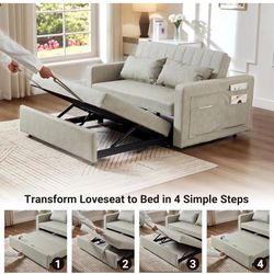 55'' Leather Sofa Bed, Pull Out Sleeper Sofa Couch Bed, Loveseat Sleeper, Futon Sofa Couch with Side Pocket