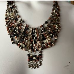 large ethnic beaded necklace Vintage multicolor beads on  silver loops.  hook clasp 