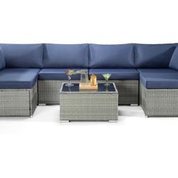 Patio Furniture Set 7 Pieces Outdoor Wicker Sectional Sofa - All Weather PE Rattan Couch Conversation Set with Cushion & Glass Top Table for Backyard 